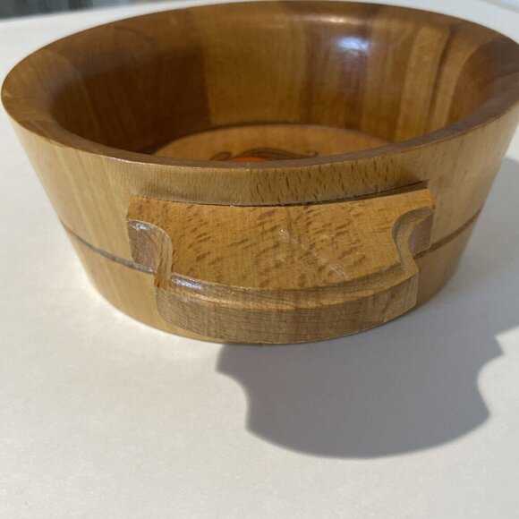 Vintage Hand Painted Wooden Bowl with Handles 6.5 in Orange Floral Treen OOAK - Picture 6 of 10